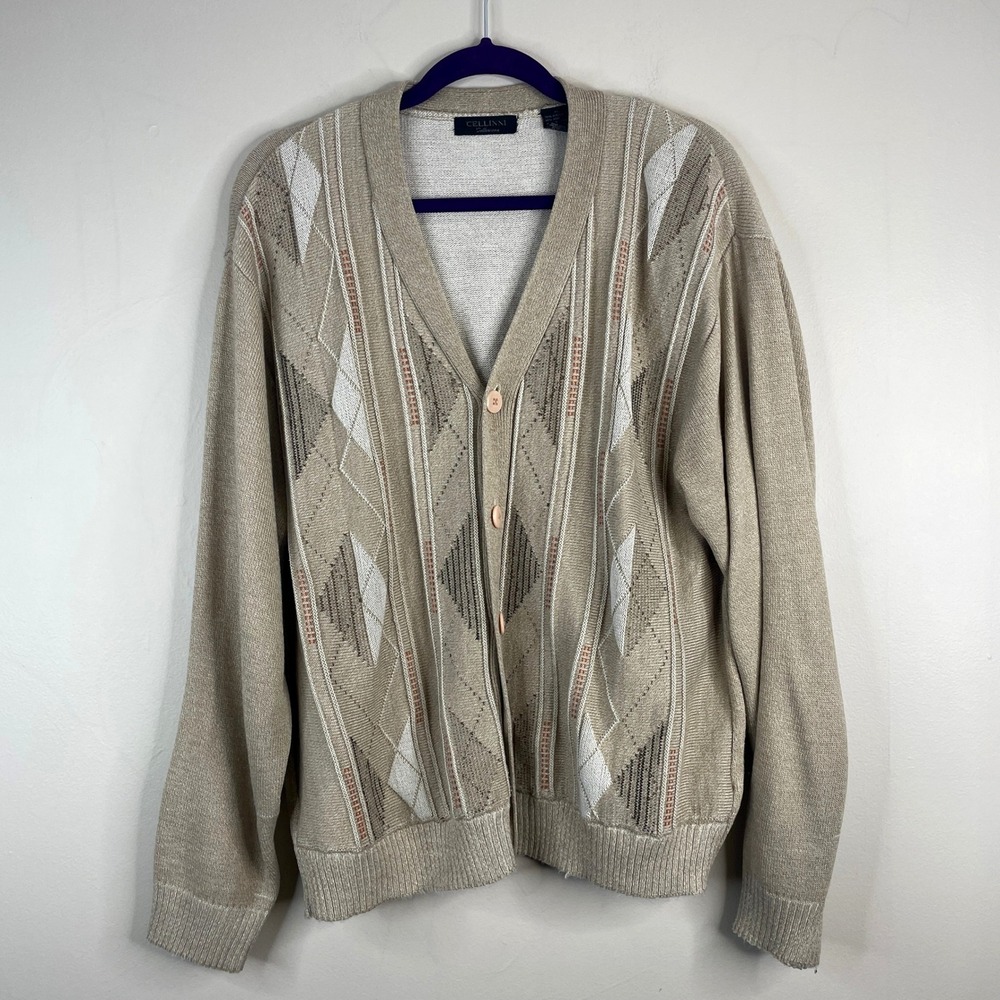 Vintage Argyle Grandpa Grunge Cardigan Mens XLarge Beige Preppy Wool Blend 80s